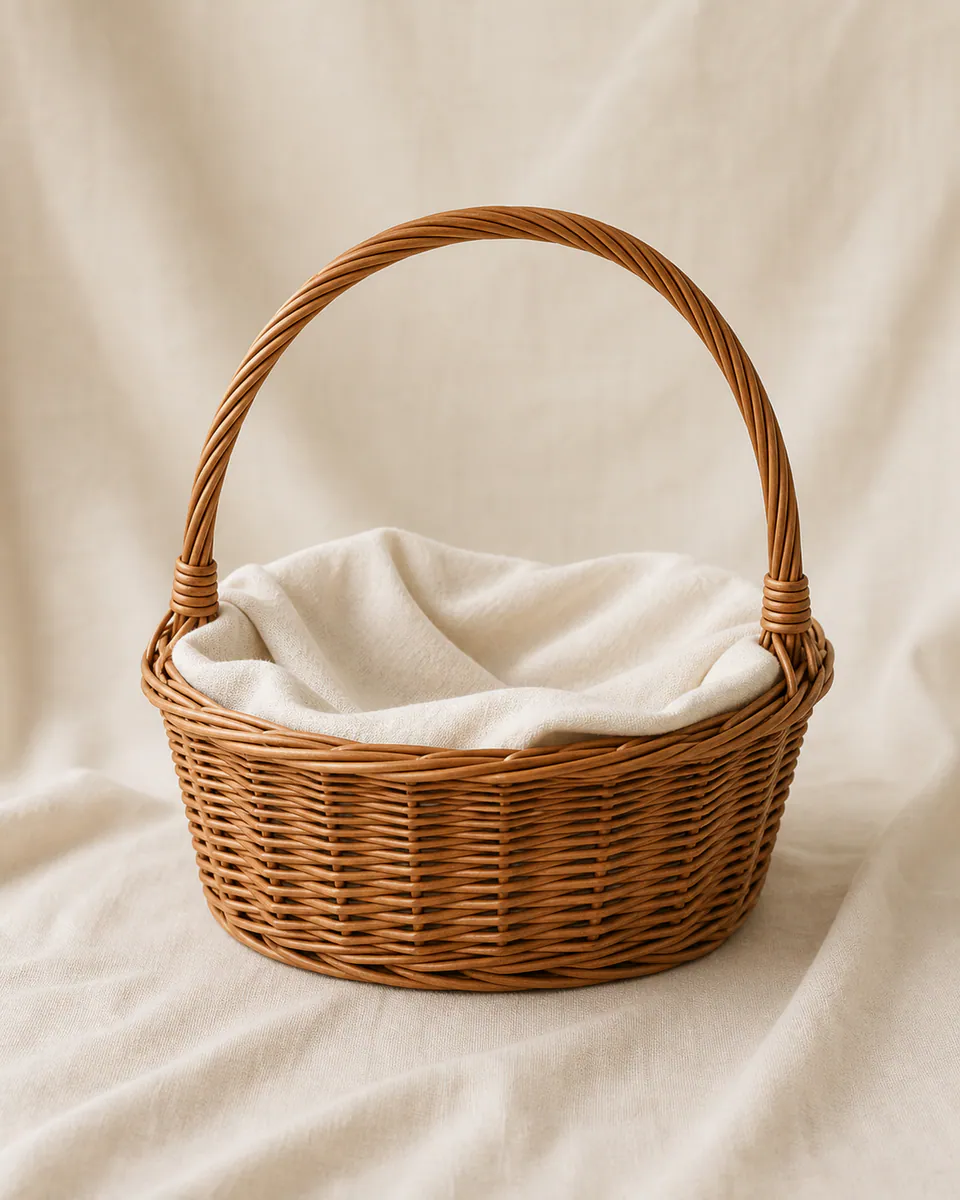 Wicker basket photographed on a calm neutral surface
