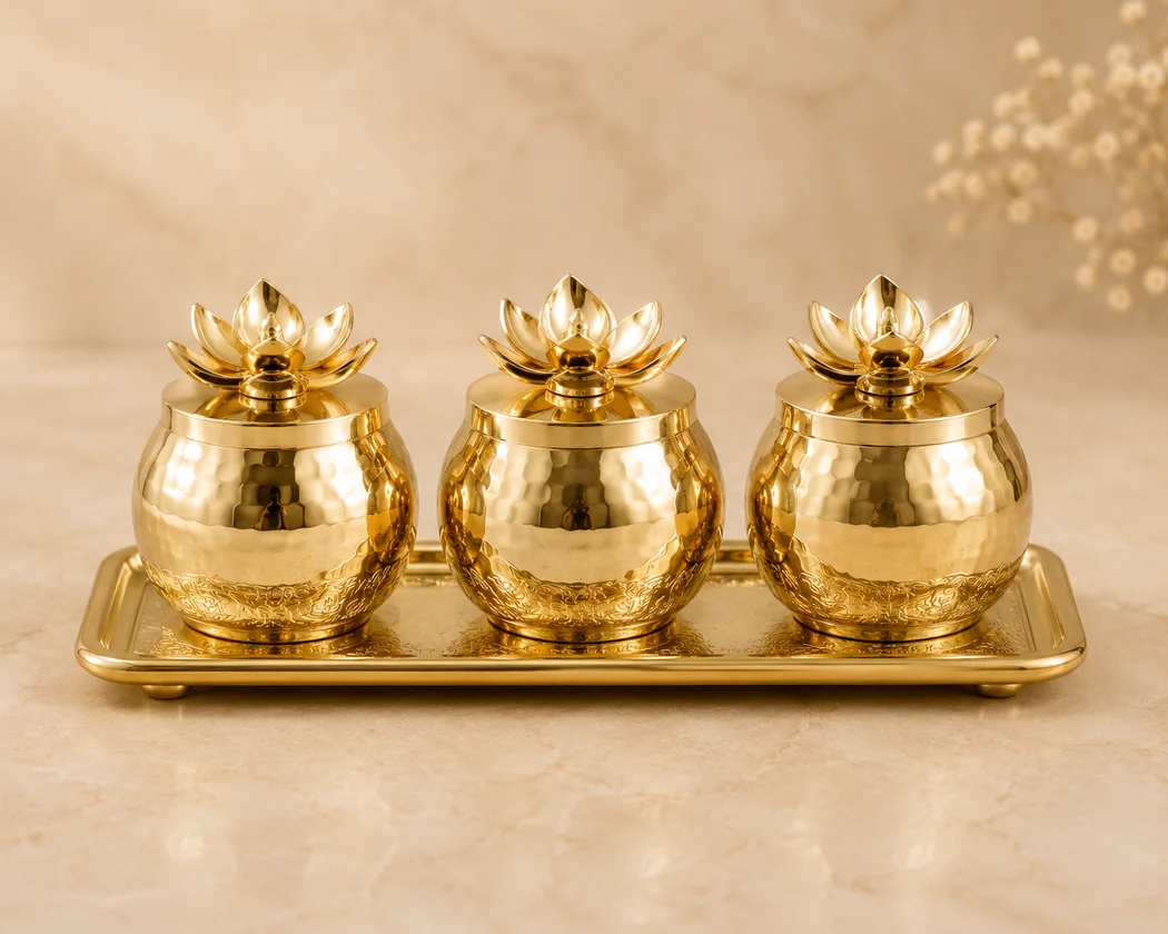Gold and cream lidded jars for edible gift contents